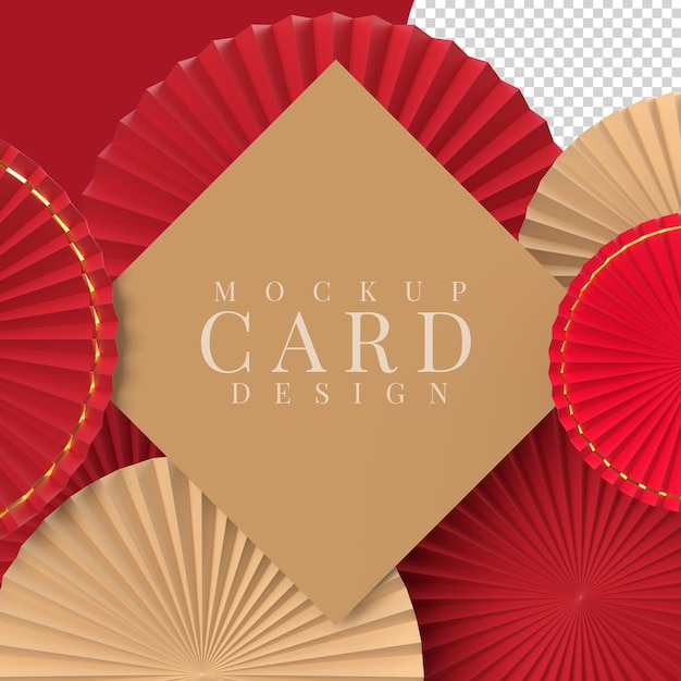Decoração de ano novo chinês medalhão de ventilador de papel com maquete de cartão. Conceito de festival de feliz ano novo chinês. Renderização 3D