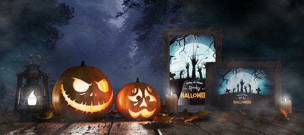 Decoração de evento de Halloween com poster de filme de terror emoldurado