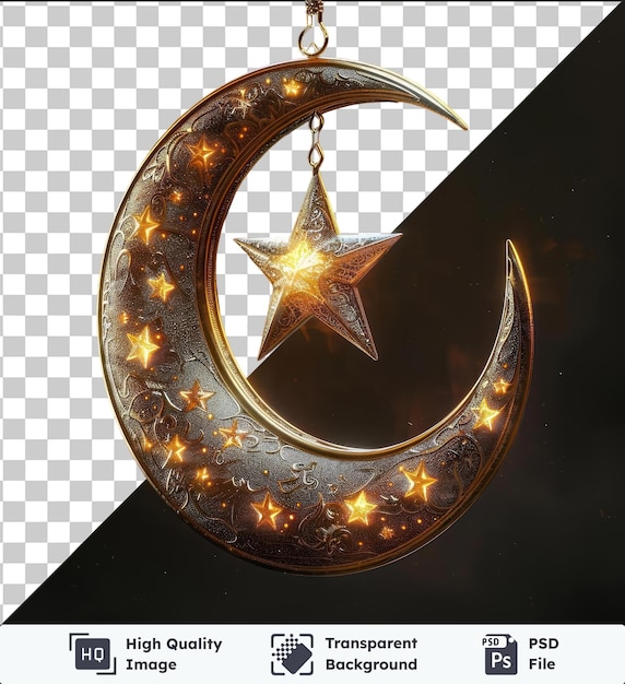 PSD decoração de lua e estrela de ramadan com uma estrela dourada e uma cadeia de prata