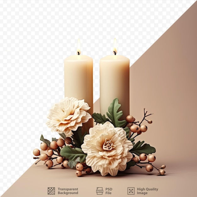 PSD decoração de mesa para o natal com velas de arranjo de flores e galhos de pinheiros