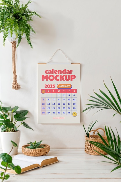 Decoração de plantas ao lado do projeto de maquete de calendário