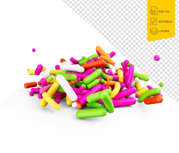 PSD decoração de sprinkles de açúcar coloridos para bolo e padaria em fundo branco ilustração 3d