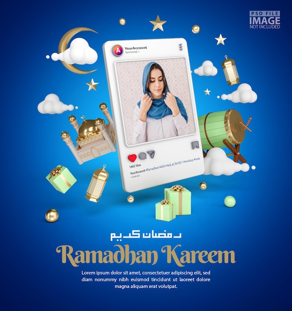 Decoração islâmica para fundo de saudação ramadan kareem com modelo de banner 3d instagram