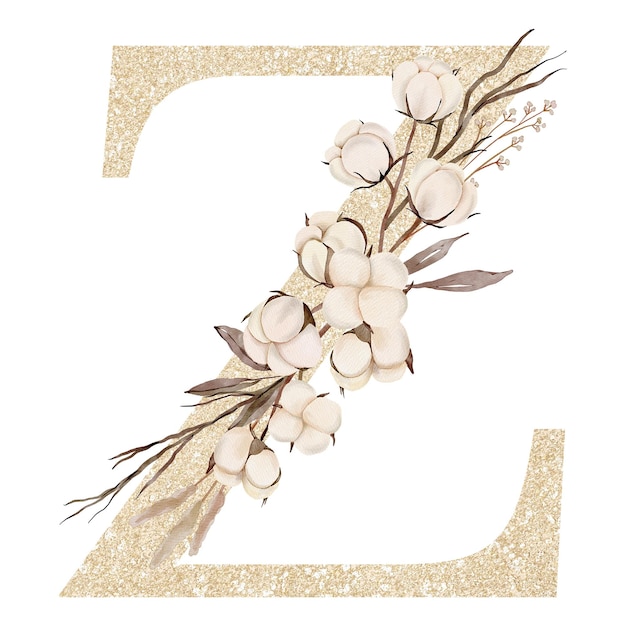Decoración de alfabeto de flor de algodón acuarela z