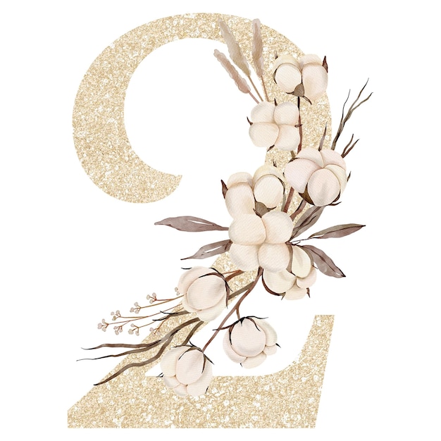 PSD decoración de alfabeto de flores de algodón acuarela 2
