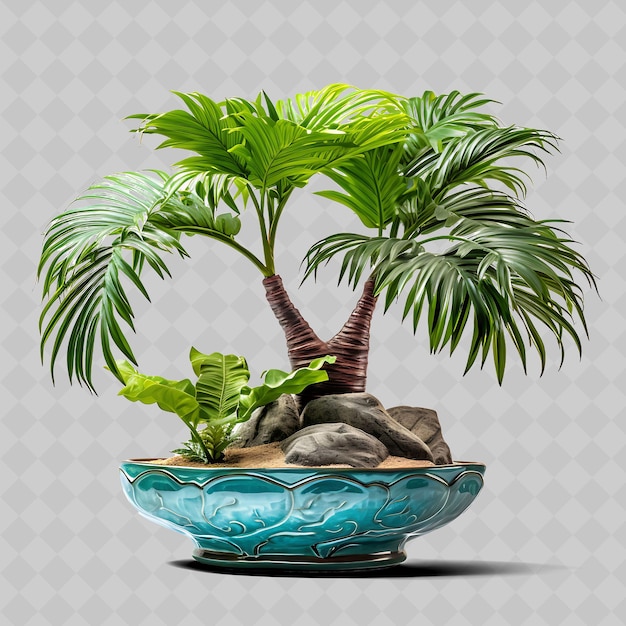Decoración de árboles diversos transparentes en forma de hojas de palma bonsai en forma de olla de cerámica en forma de abanico