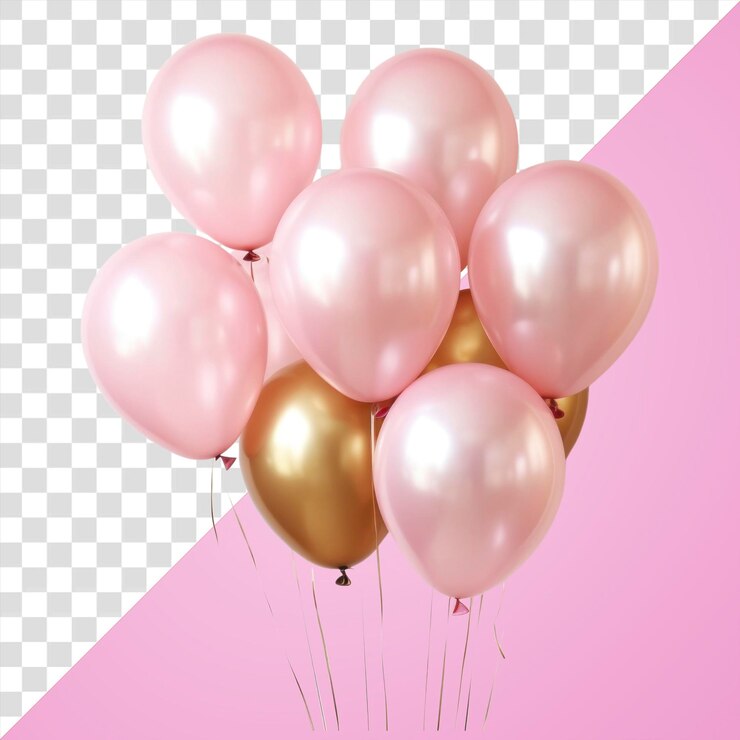 PSD decoración para la celebración del aniversario con globos de color rosa y dorado