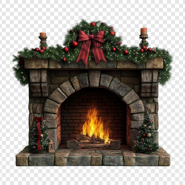 PSD decoración de la chimenea de navidad manto de piedra festivo con guirnalda y adornos de fuego ardiente