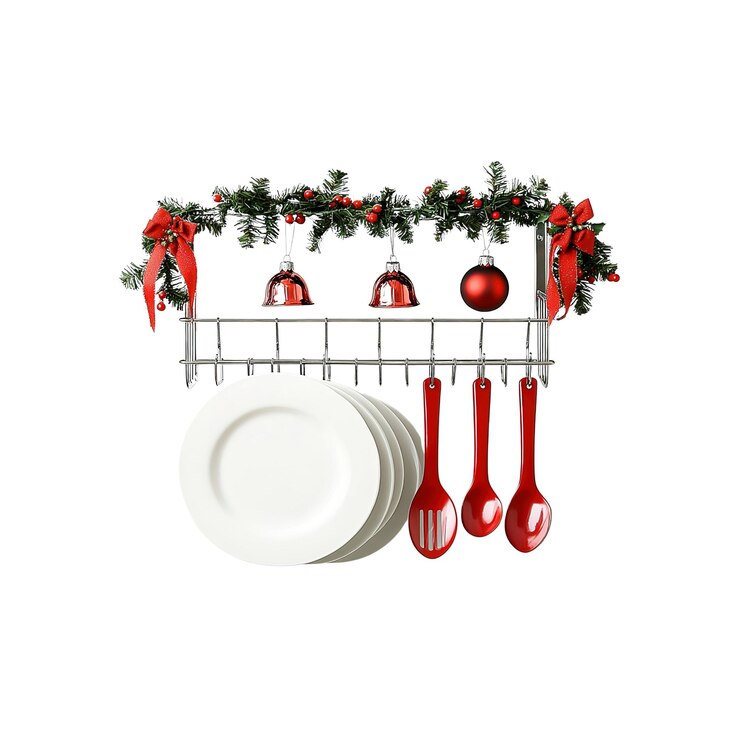 PSD decoración de la cocina navideña con platos y utensilios en un estante de metal