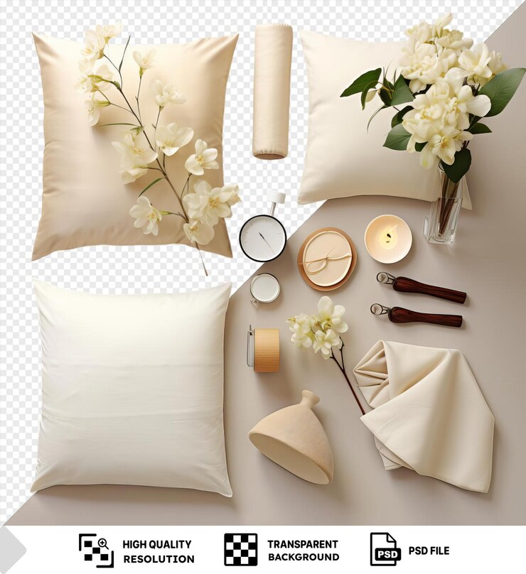 PSD decoración de dormitorio de lujo personalizada aislada y conjunto de lino con flores blancas en un jarrón de vidrio transparente un pequeño reloj y una almohada blanca en un fondo transparente