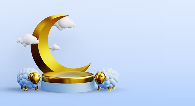 decoración de exhibición de podio islámico con oveja dorada y representación 3d de luna