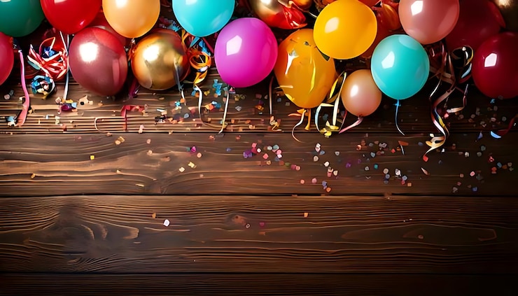 PSD decoración de fiesta festiva y colorida con globos, serpentinas y confeti en el fondo de madera