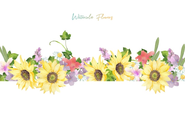 Decoración de girasoles y flores de colores en acuarela