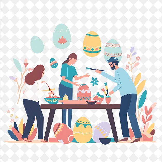 Decoración de huevos de Pascua con familias Pintura de huevos Desi Festival de PNG Ilustración de arte plano 2D