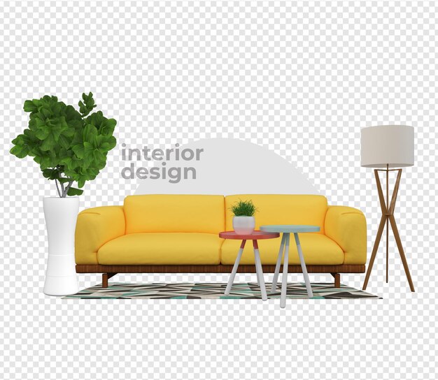decoración interior de sofá moderno en renderización 3D