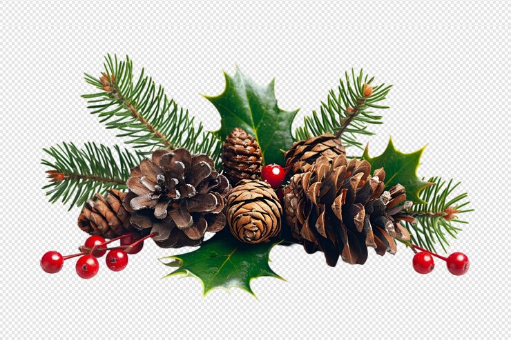 una decoración de Navidad con cones de pino bayas y un cono de pino