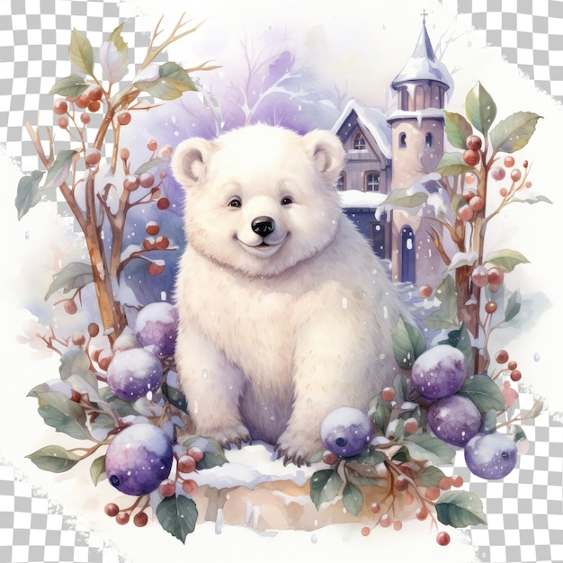 PSD decoración navideña y arte invernal con un oso blanco con bayas y una casa lila ilustrada con fondo transparente de acuarela