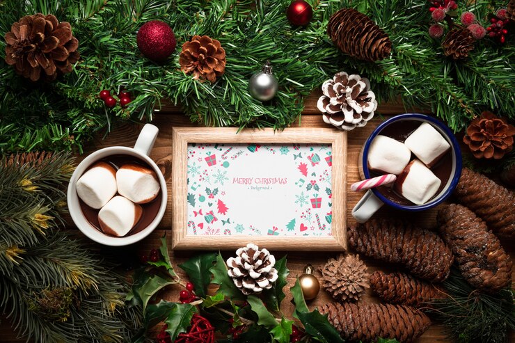 PSD decoración de pino navideño y bombones calientes con maqueta de marco