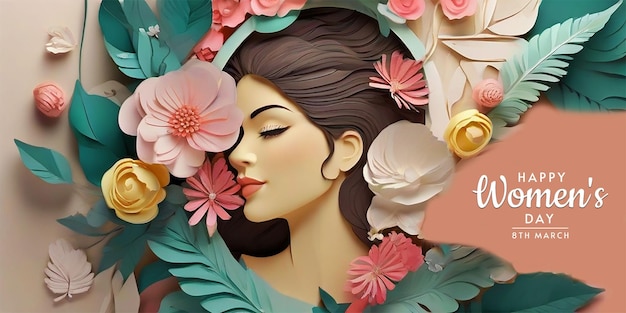 PSD decoraciones florales para el día de la mujer en estilo de arte de papel con un marco de flores y hojas de colores pasados