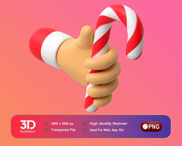 Decorações de ano novo de natal mão 3d com um ângulo de bastão de doces png