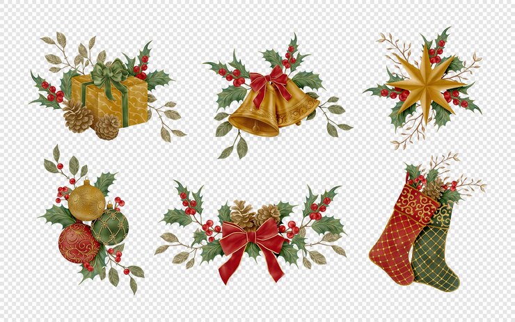 PSD decorações de natal e sinos de fitas de folhagem festivas
