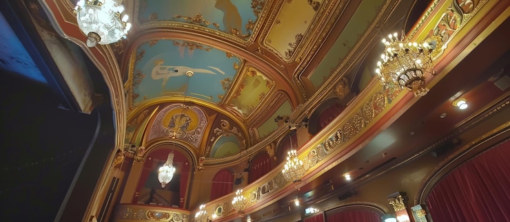 PSD decorado techo y balcón de un teatro histórico con acentos de oro candelabros y obras de arte