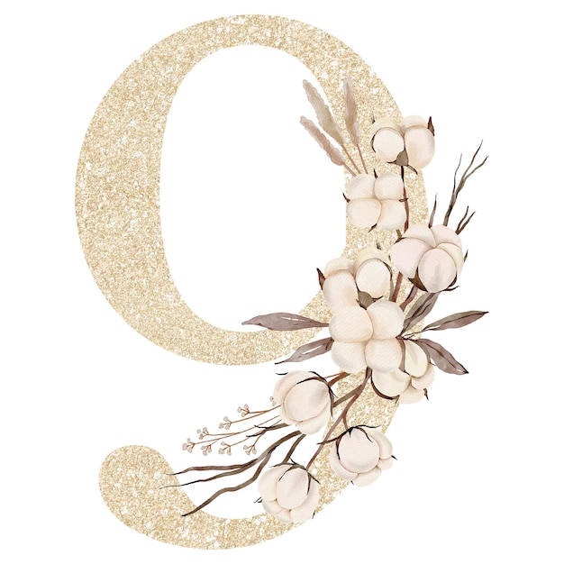 PSD décoration alphabet fleur de coton aquarelle 9