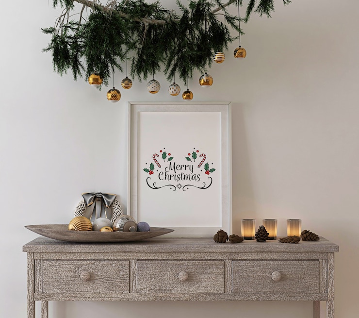 PSD décoration de concept de noël avec cadre rustique maquette sur table console