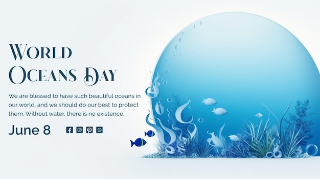 PSD décoration conceptuelle du cercle de la journée mondiale des océans avec des plantes côtières de profonde mer sur fond blanc