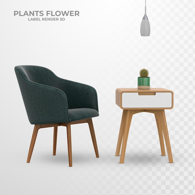 Décoration intérieure en chaise et table avec rendu 3d de plantes