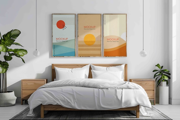 Décoration intérieure avec lit et cadres sur le mur