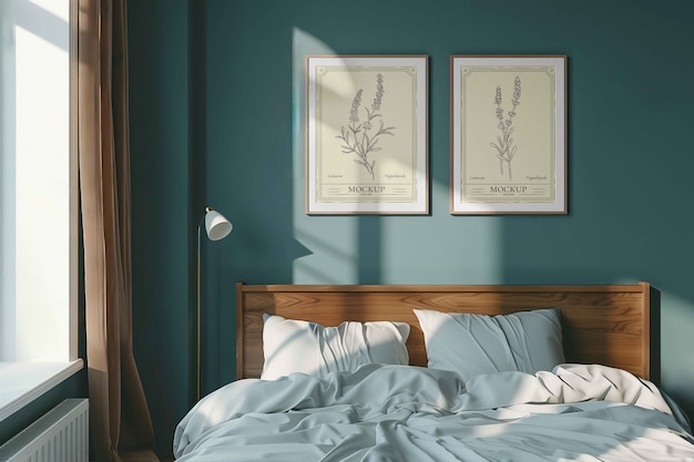 Décoration intérieure avec lit et cadres sur le mur
