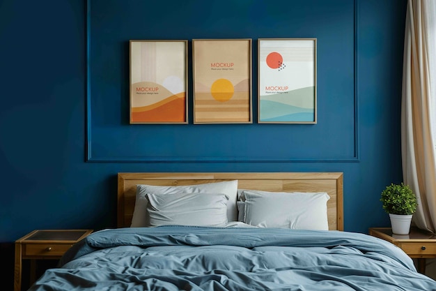 Décoration intérieure avec lit et cadres sur le mur