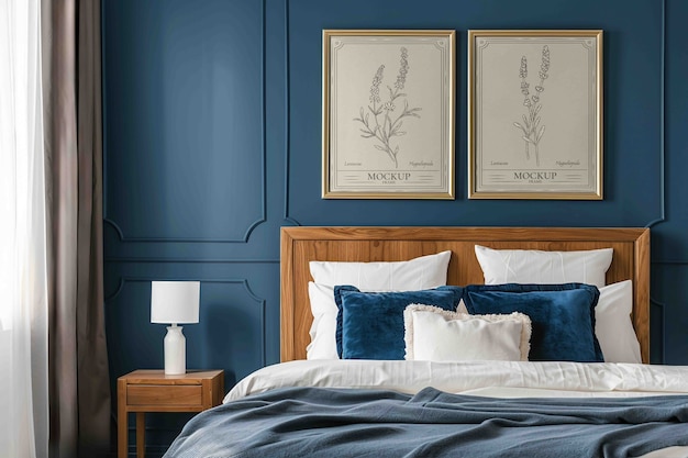 Décoration intérieure avec lit et cadres sur le mur