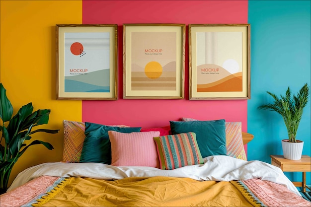 Décoration intérieure avec lit et cadres sur le mur