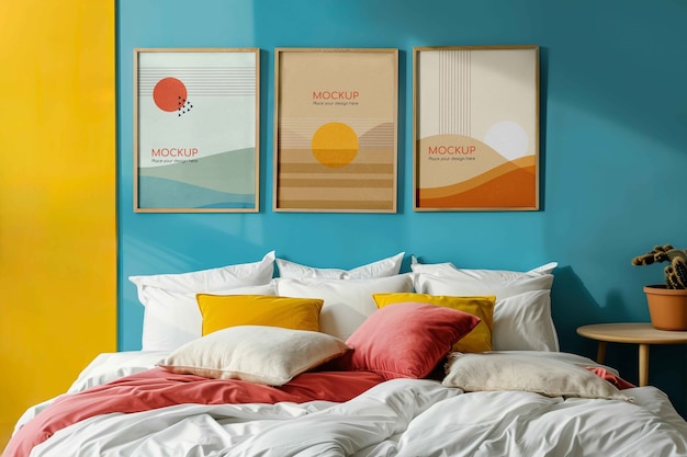 Décoration intérieure avec lit et cadres sur le mur