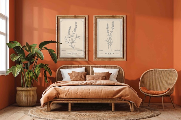 Décoration intérieure avec lit et cadres sur le mur