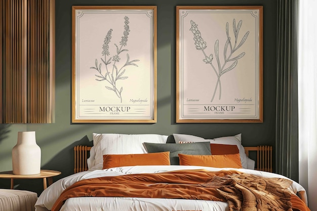 Décoration intérieure avec lit et cadres sur le mur