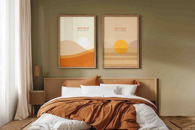 Décoration intérieure avec lit et cadres sur le mur
