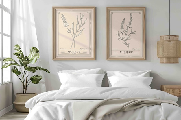 Décoration intérieure avec lit et cadres sur le mur