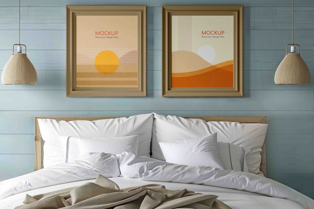 Décoration intérieure avec lit et cadres sur le mur