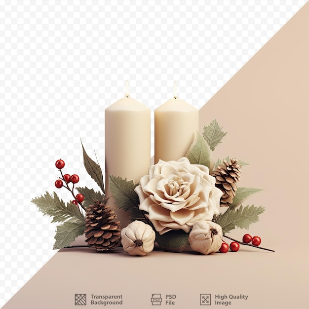 PSD décoration de table pour noël avec des bougies à fleurs et des branches de cônes de pin