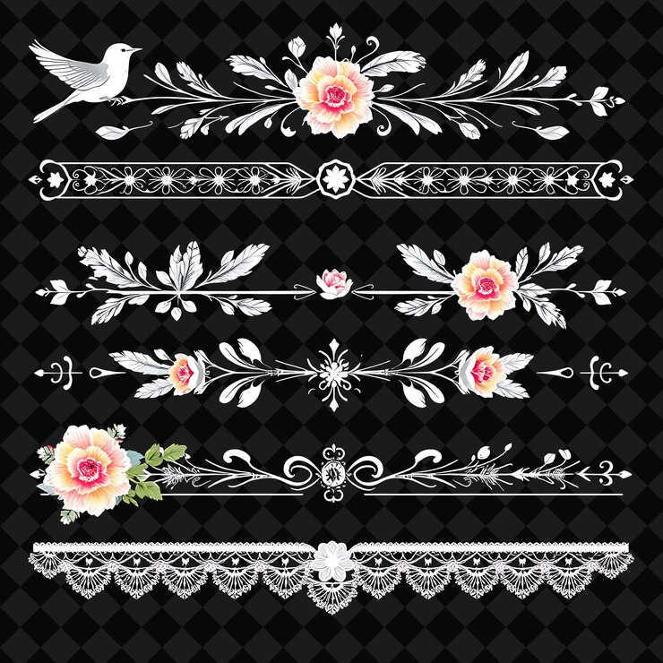PSD decorative borders birds feathers and flowers soft pastel blue and pink shabby chic style distre