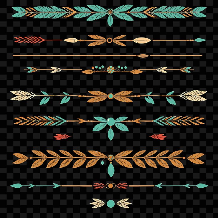 PSD decorative borders feathers arrows and beads earthy tones with muted turquoise bohemian style ec