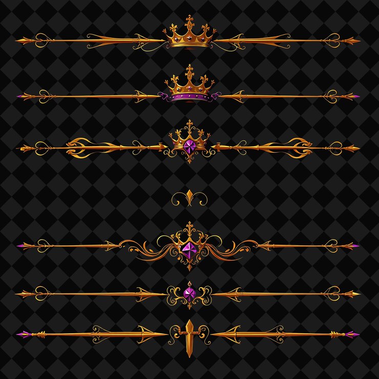 PSD decorative borders gothic thrones crowns scepters and dagger points rich purple and gold tones go