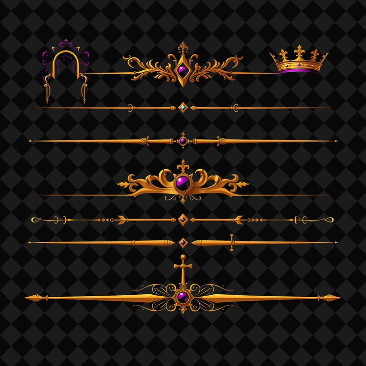PSD decorative borders gothic thrones crowns scepters and daggers rich purple and gold tones gothic r