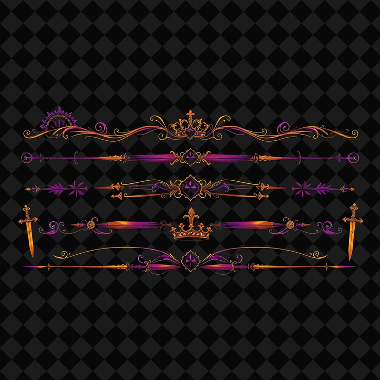 PSD decorative borders gothic thrones crowns scepters and daggers rich purple and gold tones gothic r