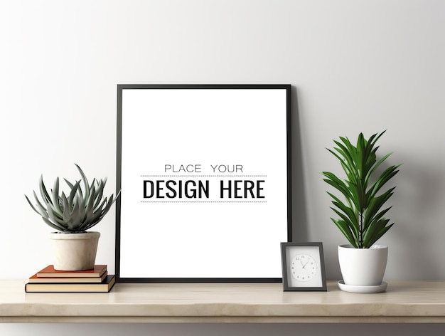 Decorative frame mockup on the wall with a plant