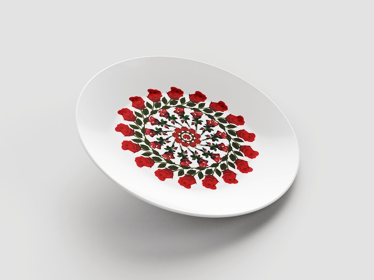 PSD decorative plate with red rose floral design