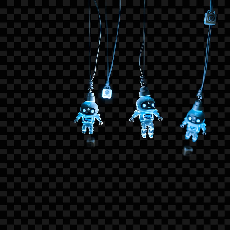 PSD decorative string chibi robots y engranajes circuitos de neón se iluminan a lo largo de la cuerda pulsando suavemente t